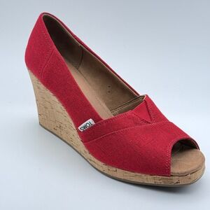Toms Red Canvas Cork Wedge Peep Toe Sandals Womens Size 10